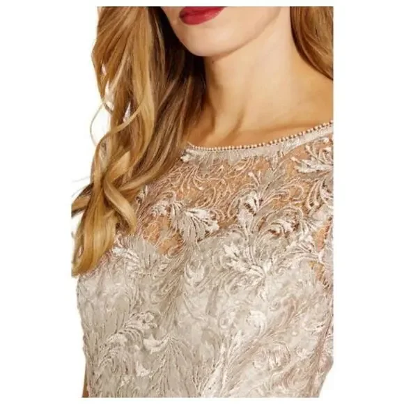 Adrianne Papell Taupe Embroidered Lace w/ Sequins Aline Fit/Flare Cocktail Dress - Picture 3 of 8